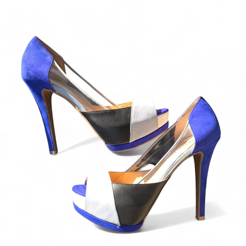 Gianni Bini 10M Colorblock Platform Pumps Cobalt Blue Black White Peep Toe Heels